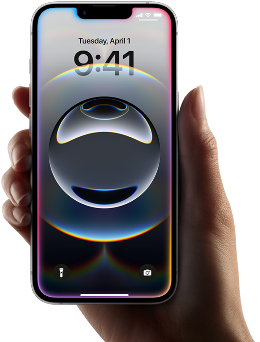 A hand holds iPhone 16e, light, colorful, glow along edge of all-screen display