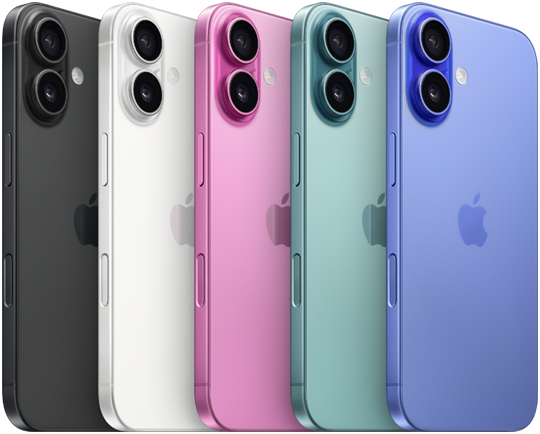 iPhone 16, vỏ ngoài mặt sau, hệ thống camera kép tiên tiến nhô lên, logo Apple ở giữa, tất cả năm màu: Đen, Trắng, Xanh Mòng Két, Hồng, Xanh Lưu Ly