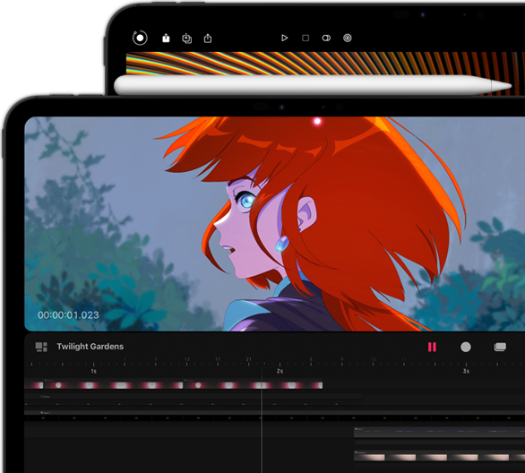 Apple Pencil Pro gắn với iPad Pro 11 inch và iPad Pro 13 inch phía sau. Cả hai phiên bản đang hiển thị hình ảnh tươi sáng, sống động, rực rỡ trên màn hình Ultra Retina XDR